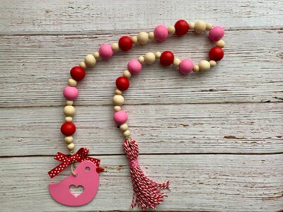 Valentine’s Wood Bead Garland, Love Bird Valentine tiered tray decor, Farmhouse bead garland with tassel, customizable tag color - image2